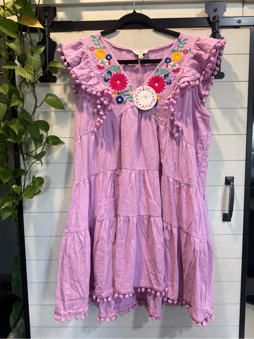 Umgee Lavender Tiered Dress with Colorful Floral Embroidery